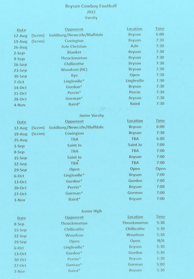 Bryson ISD - Football Schedule